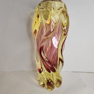 Vintage Hand Made Bohemia Glass Czech Republic Twisted Glass Vase Amber/Pink